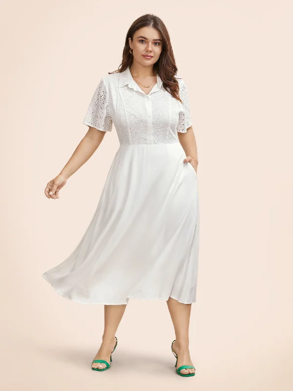 Women's Elegant Clothes Playful Elegance Shirt Collar Broderie Anglaise Midi Dress