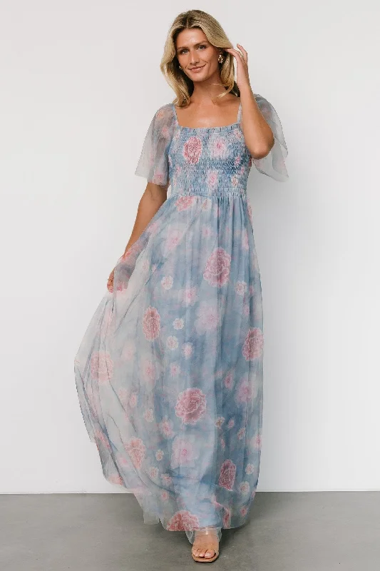 Women's Elegant Outfit Bohemian Vibe Cassandra Tulle Maxi Dress | Light Blue + Pink Floral