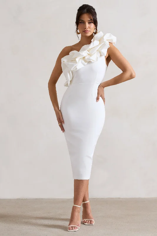 Elegant Clothing For Women Subtle Sophistication Orchestra | White One Shoulder Ruffled Midi Dress