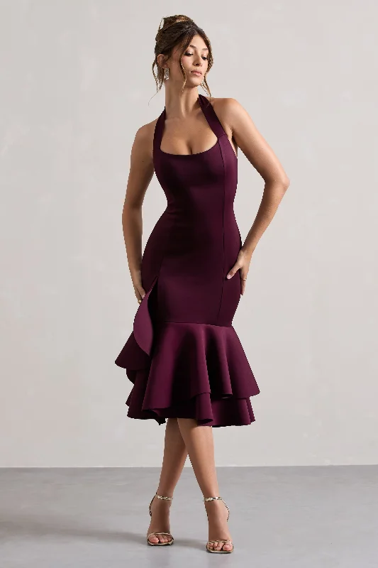 Women's Formal Event Outfit Limited - Time Bundle Arla | Plum Halter-Neck Ruffle Trim Midi Dress