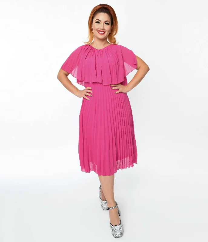 Women's Clothing Apparel Casual Elegance Plus Size Fuchsia Pleated Midi Dress