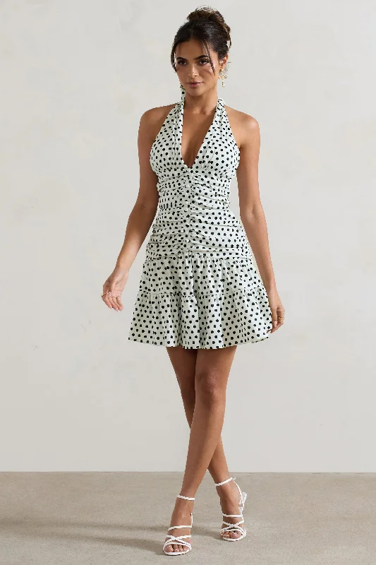 Women's Luxury Garments Refined Simplicity Verde | White Polka Dot V-Neck Ruched Mini Dress With Flared Hem