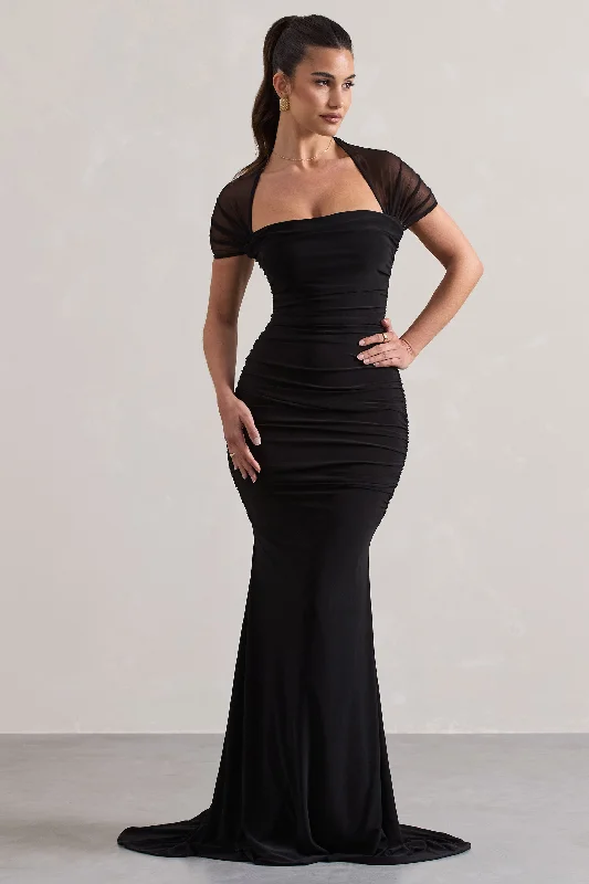 Women's Luxury Garments Graceful Drape Prophecy | Black Fishtail Maxi Dress With Sheer Sleeves