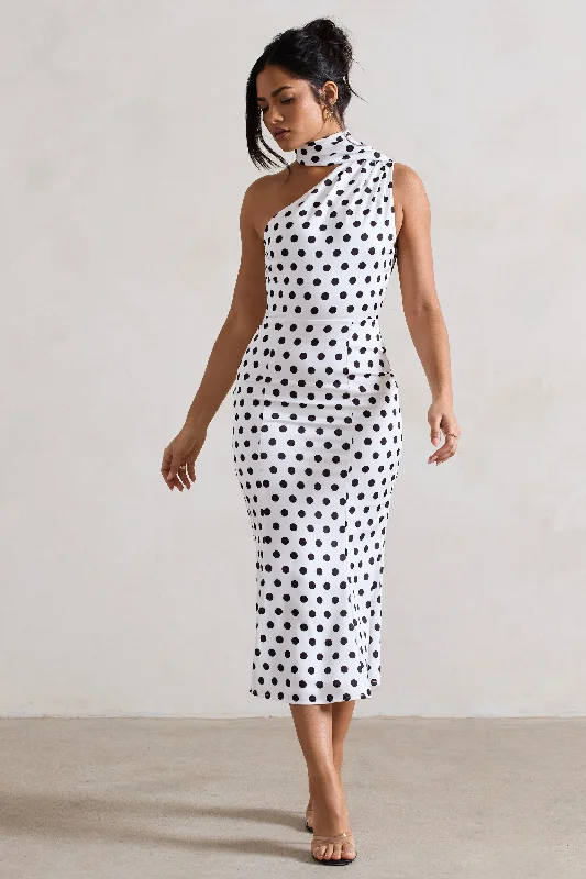 Women's Evening Wear Attire Feminine Flow Golden Girl | White Polka Dot One Shoulder High-Neck Flared Midi Dress