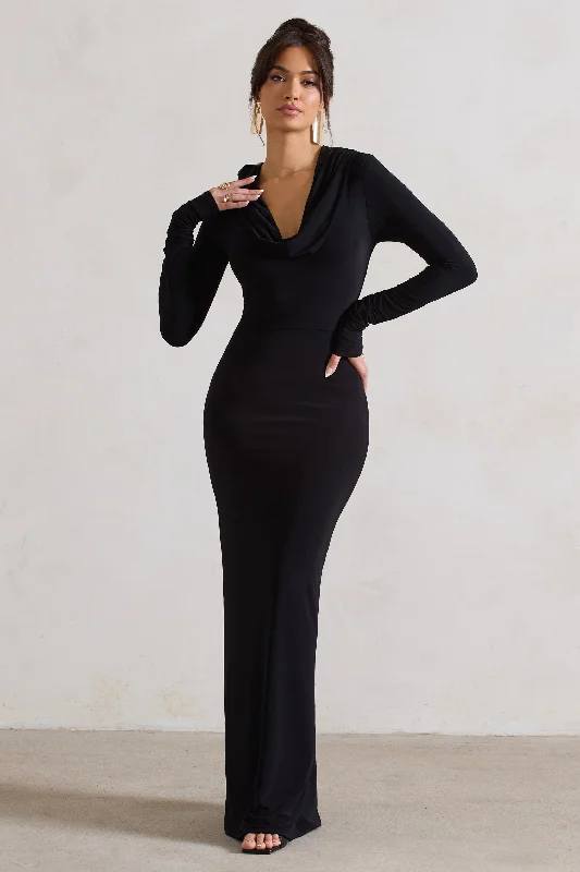 Chic Clothing For Women Casual Elegance Shira | Black Long-Sleeve Hooded Maxi Dress