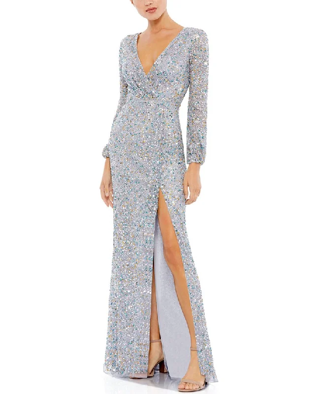 Fashionable Women's Clothes Discounts on Casual Weekend Styles Mac Duggal Sequined Faux Wrap Bishop Sleeve Gown