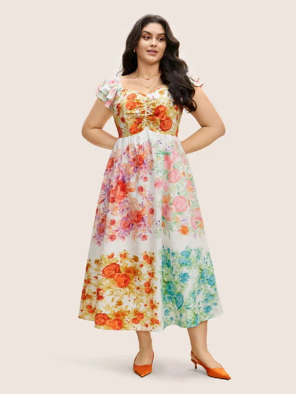 Timeless Women's Clothes Romantic Date - Night Ensemble Patchwork Floral Tiered Ruffle Sleeve Dress