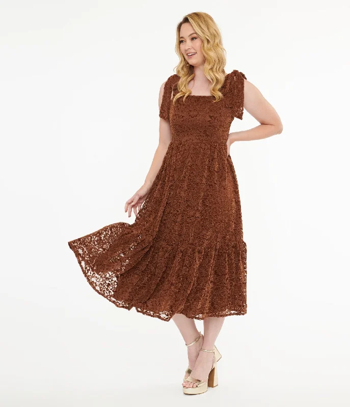 Women's Plus-Size Apparel Vintage Elegance Brown Velvet Lace Midi Dress