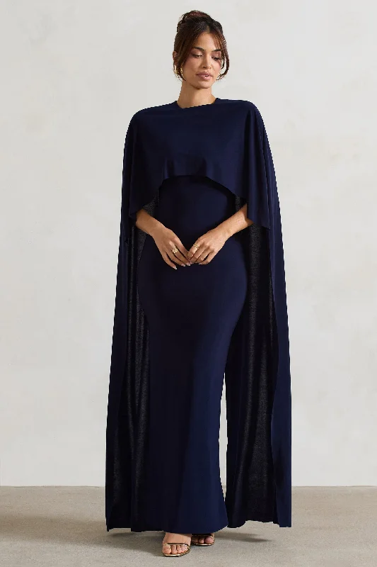 Women's Clothing Apparel Y2K Nostalgic Fashion Look Padma | Navy Draped Maxi Dress With Cape Sleeves