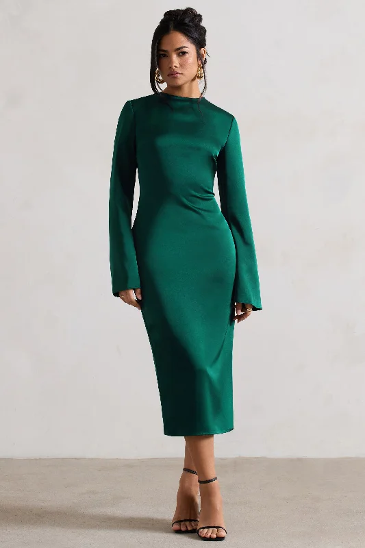 Women's Everyday Attire Classic Timeless Elegant Style Zaina | Bottle Green Long Sleeve Midi Dress with High Neckline