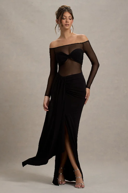 Classic Women's Apparel Chic Sophistication Cover Star | Black Mesh Bardot Long-Sleeve Draped Maxi Dress