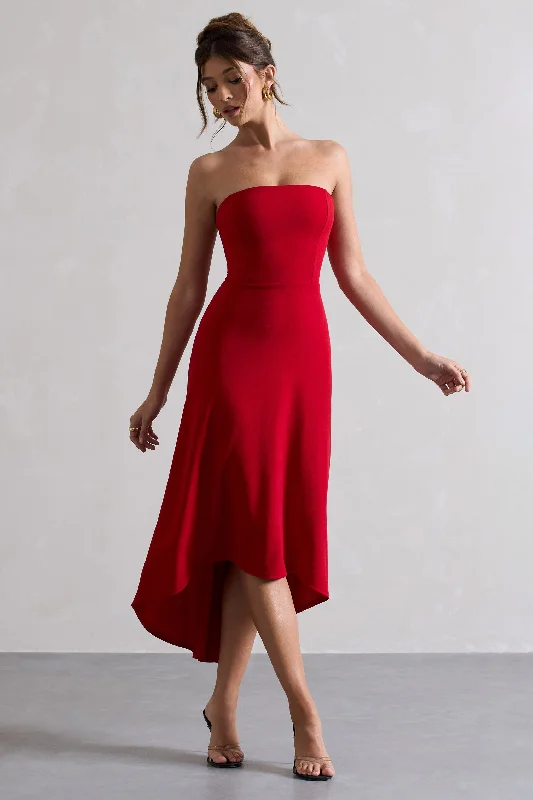 Women's Activewear Outfit Mid - Season Sale Ariela | Red Bandeau High-Low Midi Dress