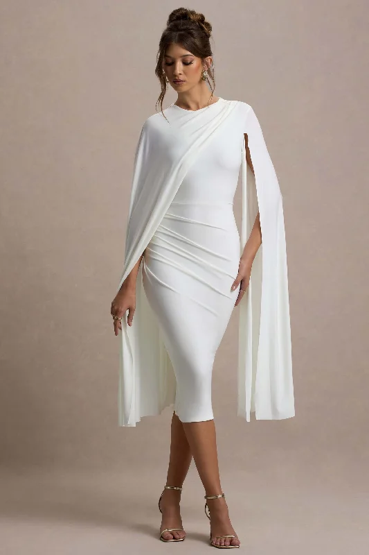 Stylish Women's Outfit Final Clearance Marysol | White Asymmetric Cape Midi Dress