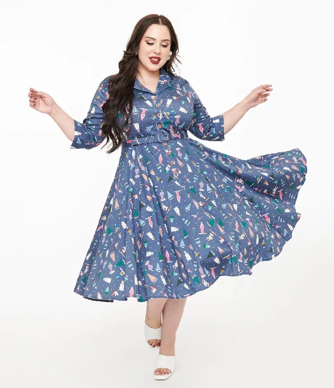 Stylish Clothes For Women Disco - Inspired Retro Dance Look Royal Monk Plus Size 1940s Blue Ski Snow Season Midi Dress