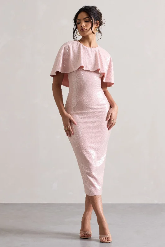 Women's Active Clothing Seasonal Trend Amelie | Pastel Pink Sequin Midi Dress With Cape