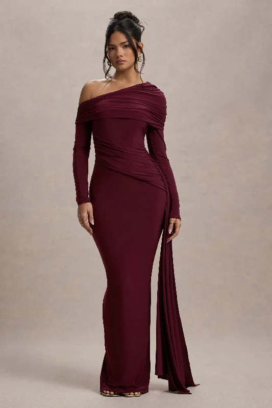 Women's Everyday Apparel Limited - Time Bundle Valina | Burgundy Ruched Asymmetric Maxi Dress With Drape