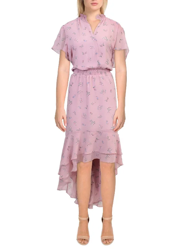 Women's Clothes And Garments Flowy Fabric Womens Floral Print Ruffled Midi Dress