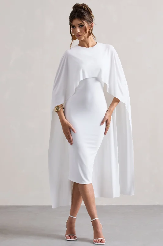 Women's Stylish Vacation Attire Hollywood Glam Award - Show Style Vana | White Draped Midi Dress With Cape Sleeves