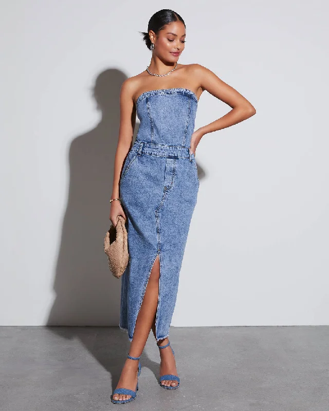 Women's Night-Out Outfit Luxe Layering Kimmy Strapless Denim Midi Dress