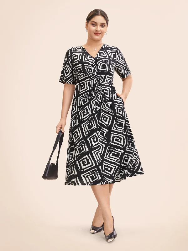 Women's Professional Clothes Rustic Countryside Charm Look Geometric Twist Front Midi Dress