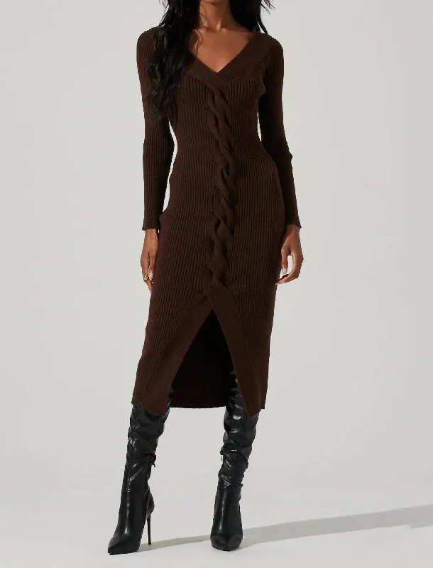 Women's Vacation Clothes Feminine Charm Vesper Knit Midi Dress In Dark Brown