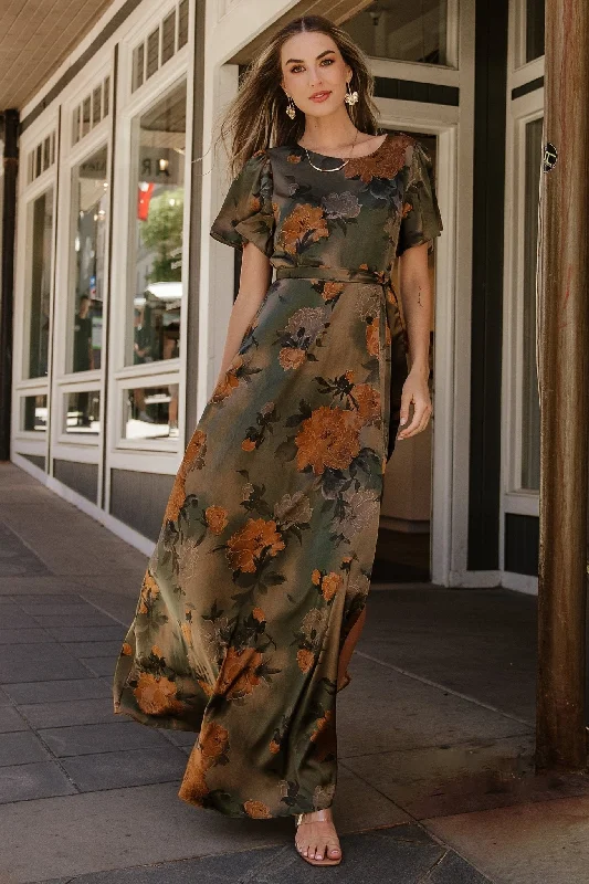 Women's Professional Clothes Seasonal Trend Agnes Satin Maxi Dress | Olive Floral