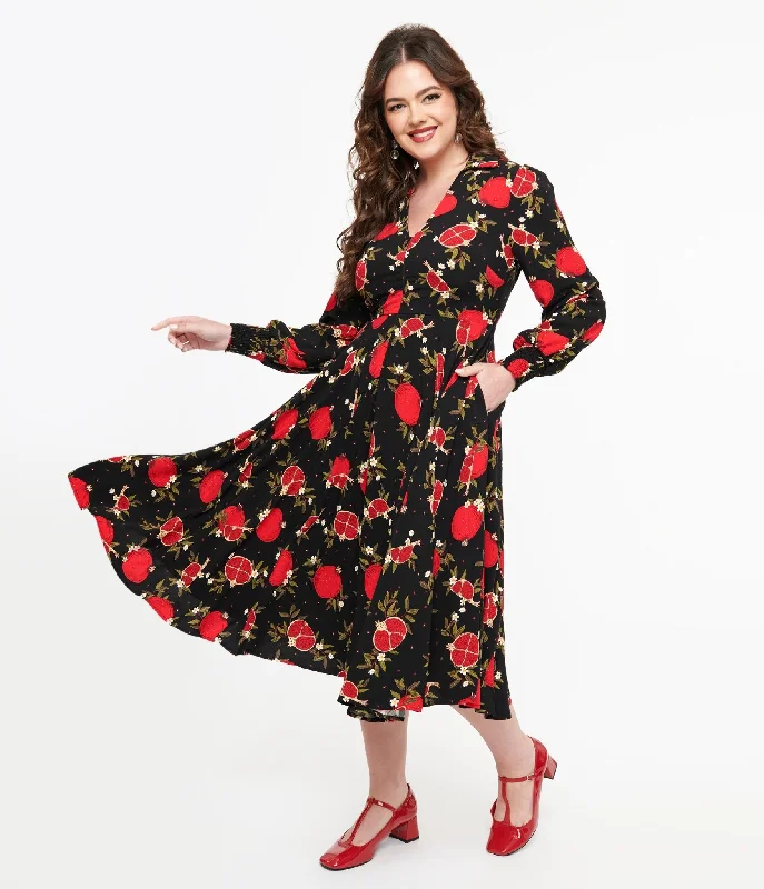 Women's Casual Apparel For Weekends Feminine Grace Banned 1940s Black & Red Pomegranate Midi Dress