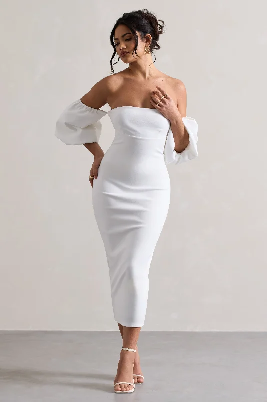 Casual Attire For Women Effortless Comfort Keira | White Bardot Puff-Sleeve Midi Dress