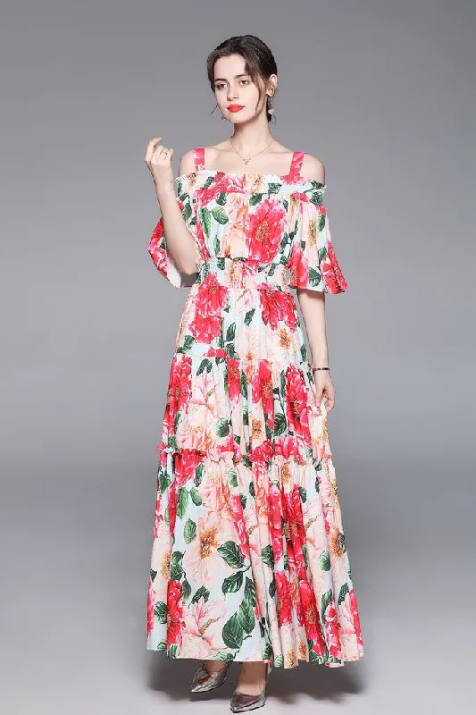 Women's Luxury Attire Limited - Edition Drops Multicolor ?ocktail & Party A-line Strap Off The Shoulder Elbow Sleeve Ankle Floral Dress