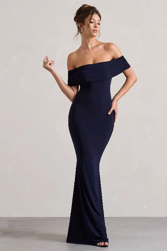 Charming Women's Holiday Apparel Grab Romantic Date - Night Styles Now Cloe | Navy Bardot Maxi Dress