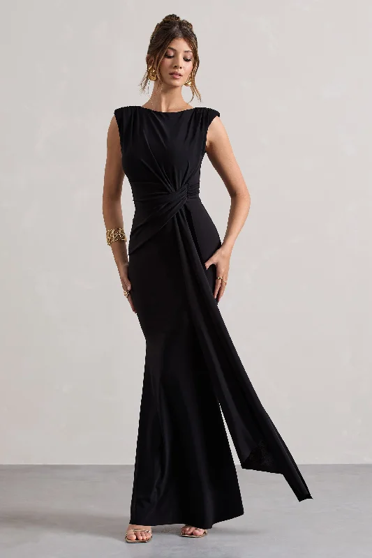 Women's Stylish Casual Garments Graceful Movement Kadie | Black Sleeveless Gathered Maxi Dress With Drape