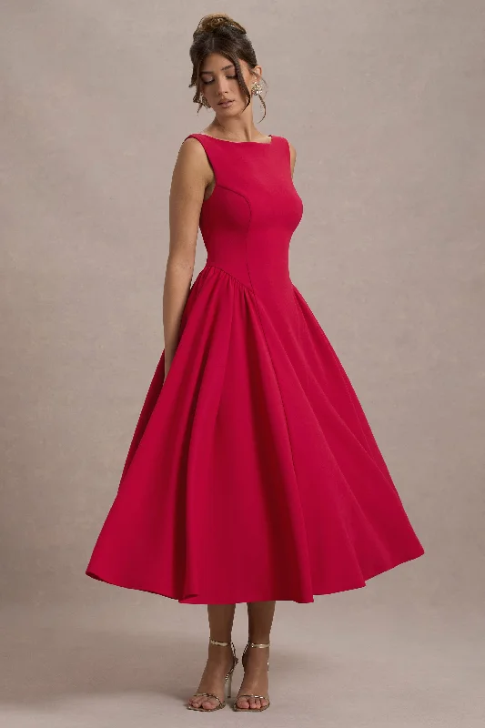 Women's Trendy Apparel Luxe Layering Muriel | Red Boat-Neck Volume-Hem Midi Dress