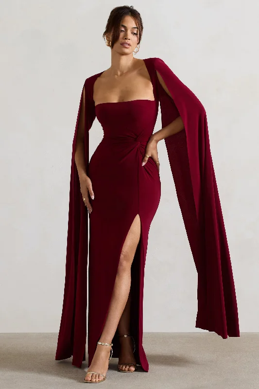 Women's Athletic Apparel Hollywood Glam Award - Show Style Claretta | Berry Square Neck Twisted Maxi Dress With Cape Sleeves