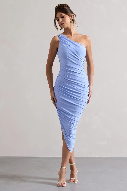 Women's Trendy Clothing Charming Silhouette Dorit | Sky Blue One Shoulder Asymmetric Ruched Midi Dress