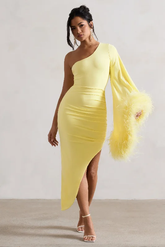 Women's Effortless Casual Outfit Everyday Glamour July | Lemon Asymmetric One Shoulder Cape Midi Dress With Feathers