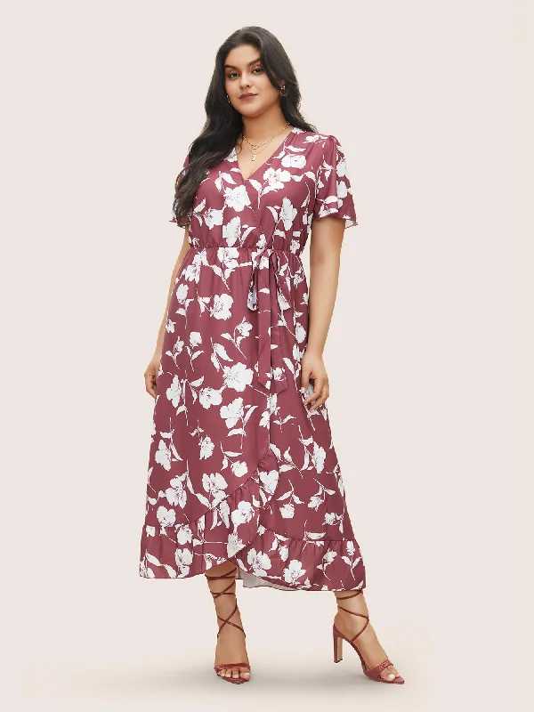 Women's Apparel And Garments Subtle Sophistication Floral Ruffle Knot Side Wrap Dress