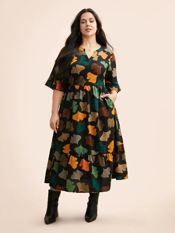 Women's High-Fashion Attire Flowing Silhouette Floral Print Notched Ruffle Sleeve Dress