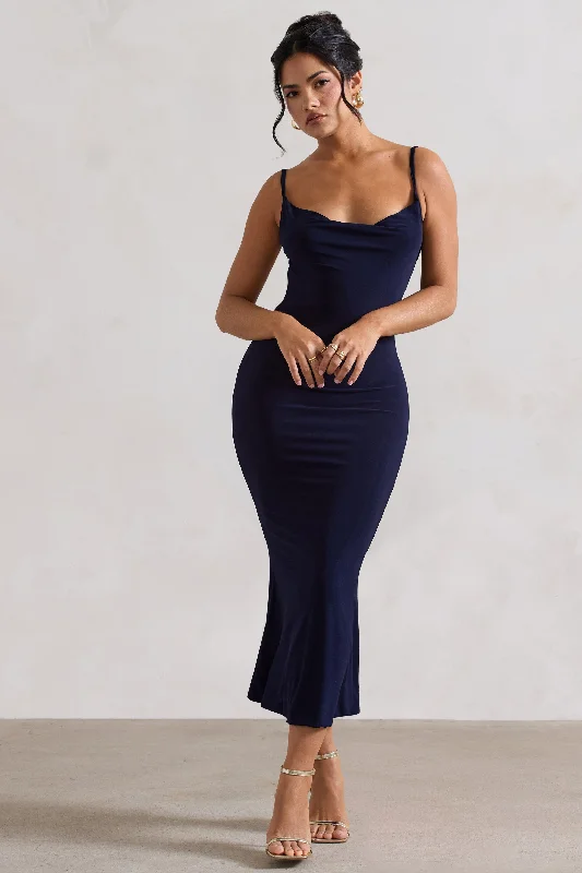 Charming Everyday Clothing For Women Playful Elegance Addison | Navy Cowl-Neck Open-Back Midi Dress With Lace