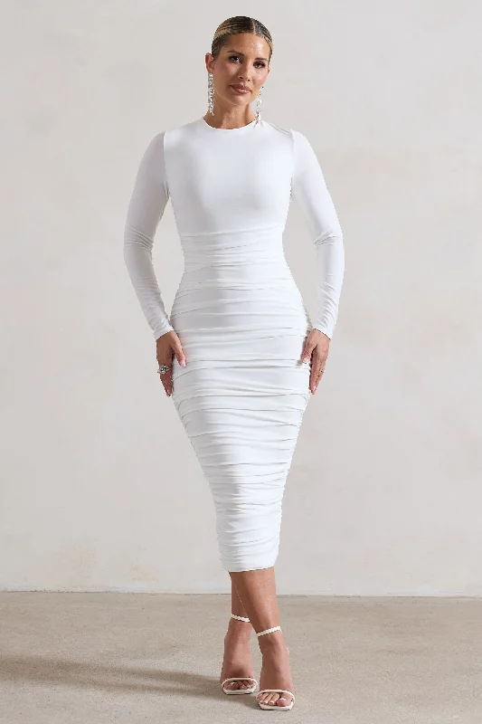 Women's Plus-Size Attire Casual Weekend Relaxed Style Emilie | White Ruched Long-Sleeve Midi Dress