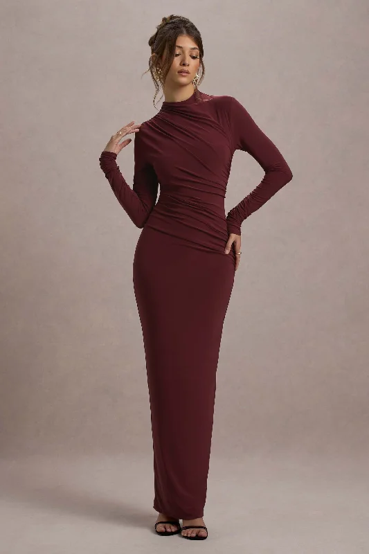 Women's Transitional Apparel Seasonal Trend Hespera | Port High-Neck Long-Sleeve Gathered Maxi Dress