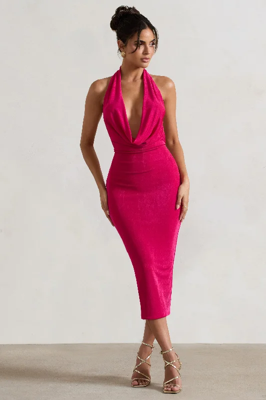 Women's Office Clothing Lightweight Fabric Raleigh | Hot Pink Cowl-Neck Midi Dress