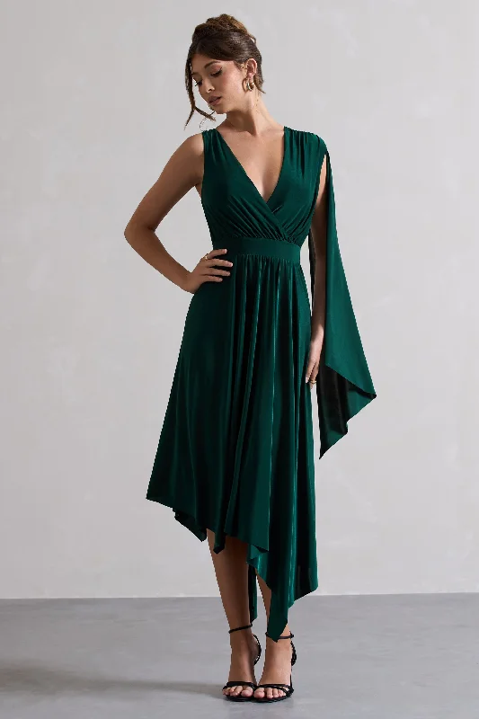 Women's Holiday Attire Feminine Grace Fable | Bottle Green Plunge-Neck Maxi Dress With Cape Sleeve