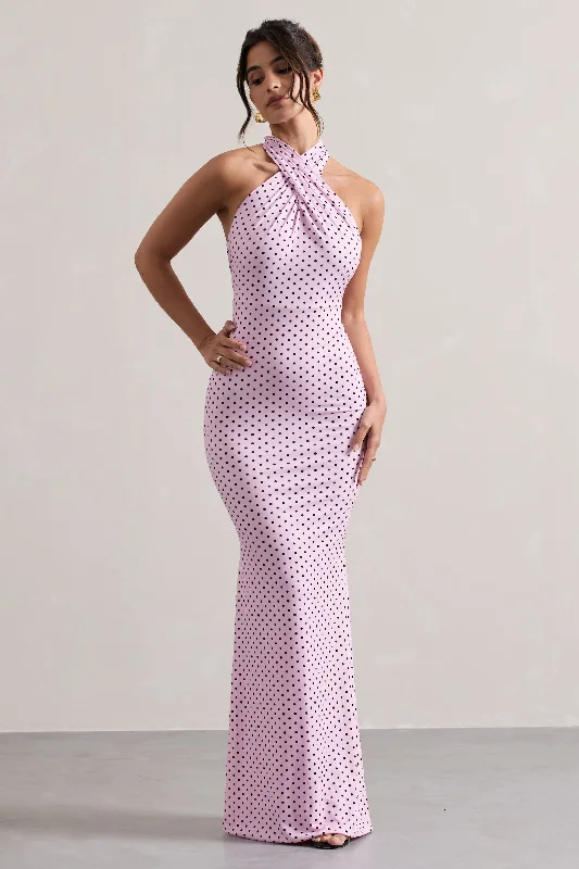 Women's Everyday Apparel Chic Allure Invincible | Pink Polka Dot Cross Over Halter-Neck Open-Back Maxi Dress