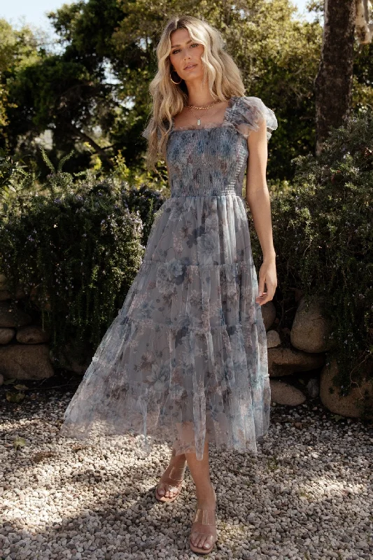 Women's Clothing For Everyday Wear Effortless Style Clementine Tulle Midi Dress | Dusty Blue Floral