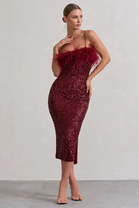 Women's Outdoor Attire Elegant Contour In Your Head | Plum Sequin Strappy Midi Dress With Feathers