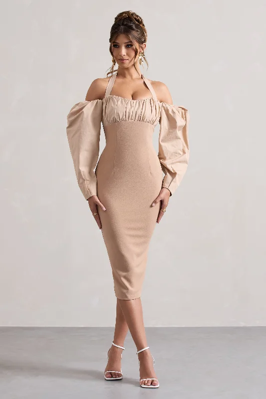 Women's Clothing For Special Occasions Elevated Style Couture Client | Champagne Halter-Neck Puff Sleeve Midi Dress