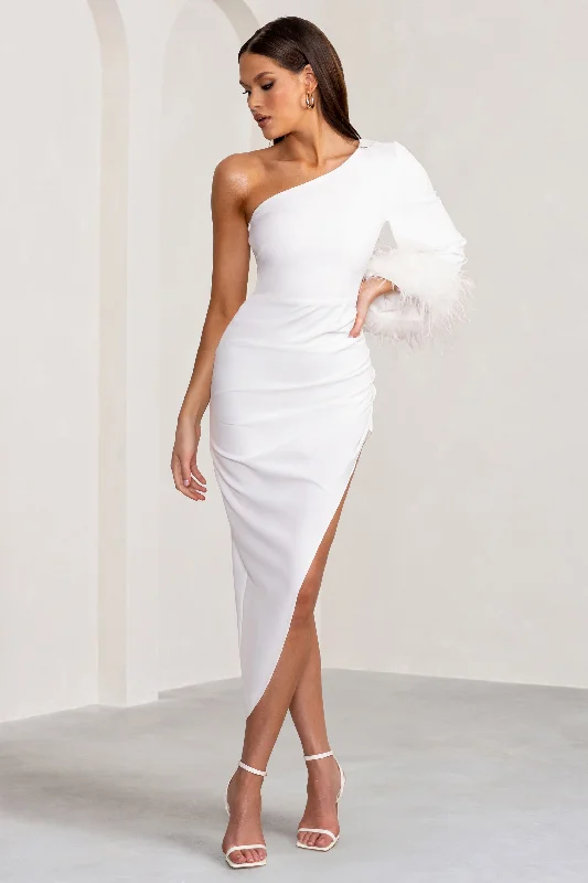 Women's Attire Luxe Layering Gigi | White Asymmetric Midi Dress with Feather Trim Cape Sleeve