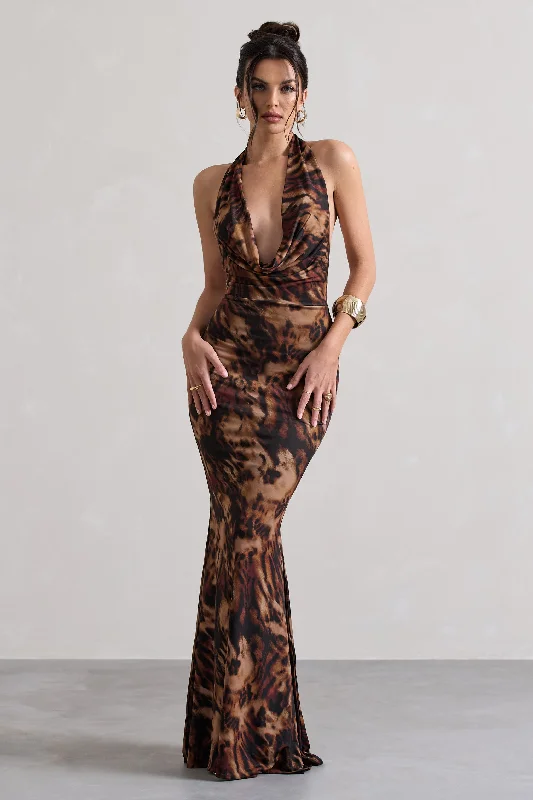 Women's Fashion-Forward Apparel Now on Sale for Chic Urban Styles Milani | Animal Print Backless Cowl Neck Fishtail Maxi Dress