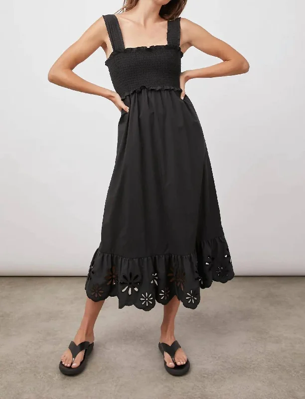 Timeless Women's Clothes Feminine Flow Rumi Midi Dress In Black Eyelet