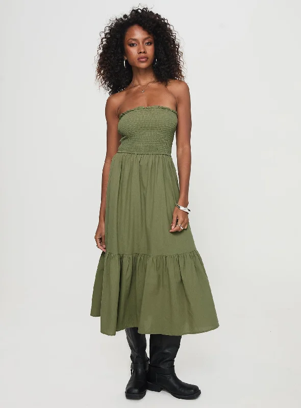 Women's Evening Wear Attire Romantic Date - Night Ensemble Chani Strapless Maxi Dress Olive